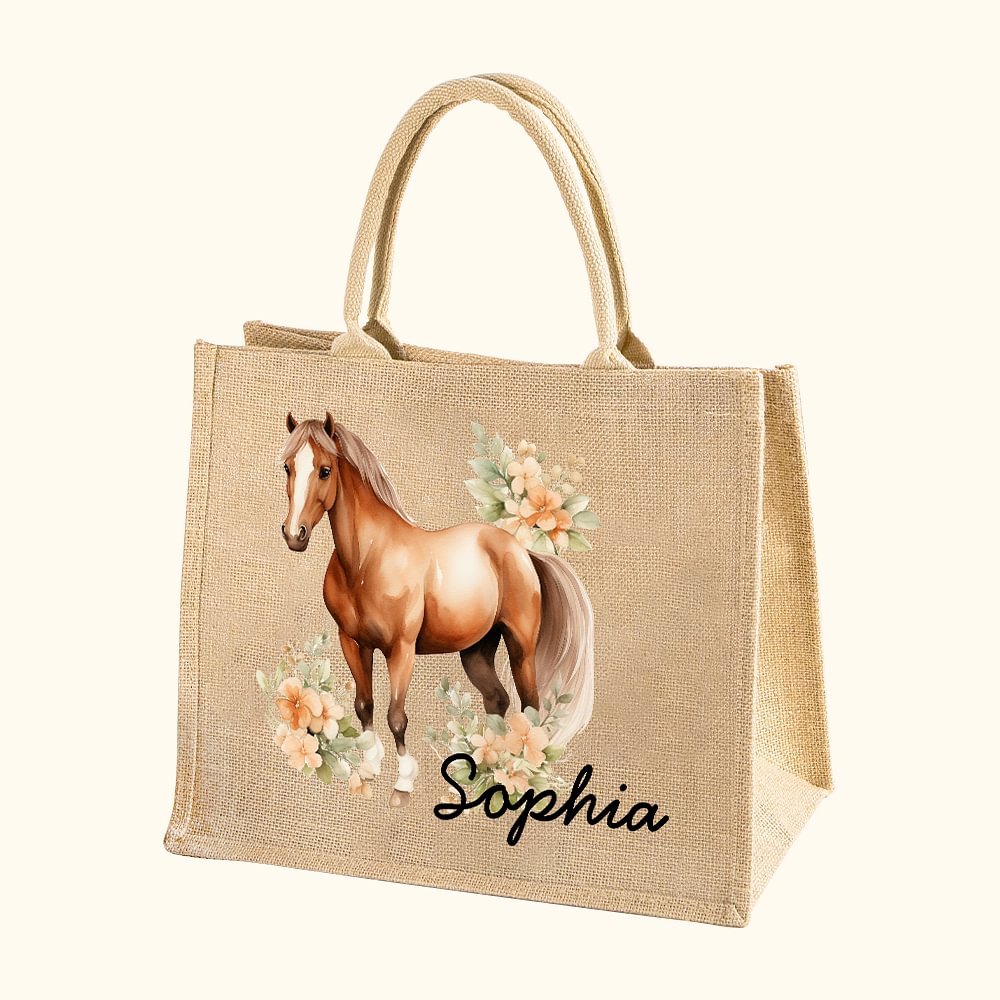 Sac en Toile de Jute Réutilisable Personnalisé avec Nom Motif Cheval Floral Cadeau d'Anniversaire Noël pour Femmes Filles