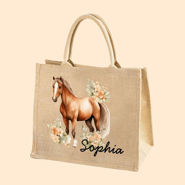 Personalisierte Floral Pferd wiederverwendbare Jute Tragetasche mit Namen Tote Bag Geburtstag Weihnachten Geschenk für Damen Mädchen