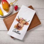 Personalised Cute Floral Highland Cow 100% Cotton Waffle Tea Towel with Name Kitchen Decor Birthday Gift for Highland Cow Lovers