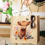 Vaca de las Highlands Bolsa de yute personalizada con nombre Cumpleaños Regalo de Navidad para amante de la vaca de las Highlands