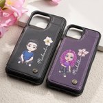 Personalized Cartoon Character Birth Flower Name Leather Flip Wallet Phone Case for iPhone with Card Holder RFID Blocking Gift for Family Friend