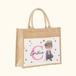 Personalised Woman Cartoon Character Butterfly Design Jute Tote Bag with Initial and Name Accessorie Retirement Birthday Gift for Grandma Mom