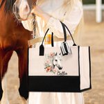 Personalized Floral Horse Large Canvas Tote Bag with Name and Waterproof Liner Birthday Gift for Women Horse Lovers