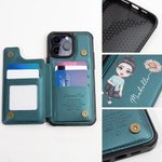 Personalized Cartoon Character Birth Flower Name Leather Flip Wallet Phone Case for iPhone with Card Holder RFID Blocking Gift for Family Friend
