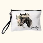 Personalized Watercolour Floral Horse  Linen Wristlet Makeup Bag with Name Birthday Gift for Women Horse Lovers