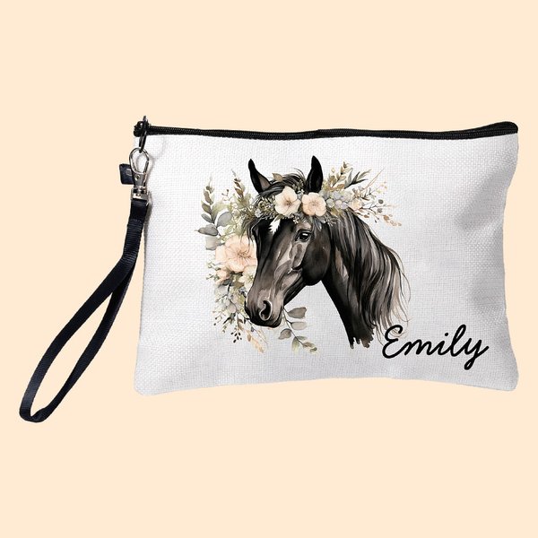 Personalised Watercolour Floral Horse  Linen Wristlet Makeup Bag with Name Birthday Gift for Women Horse Lovers