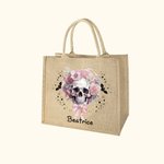 Personalized Pink Floral Skull Bats Large Jute Tote Bag with Name Halloween Trick or Treat Party Gift for Women Girls