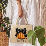 Personalised Pumpkin Bow Large Capacity Jute Canvas Tote Bag with Name Halloween Spooky Season Gift for Women