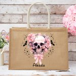 Personalized Pink Floral Skull Bats Large Jute Tote Bag with Name Halloween Trick or Treat Party Gift for Women Girls