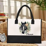 Personalized Floral Horse Large Canvas Tote Bag with Name and Waterproof Liner Birthday Gift for Women Horse Lovers