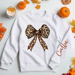 Felpa personalizzata Leopard Bow Fall Pumpkin Cross Kid Adult con nome e versi biblici Harvest Festival Thanksgiving Day Regalo per la famiglia