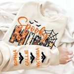 Personalised Spooky Mama Grandma Pumpkin Bat Design Crewneck Sweatshirt with 1-8 Names Halloween Costume Gift for Women