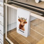 Personalised Cute Floral Highland Cow 100% Cotton Waffle Tea Towel with Name Kitchen Decor Birthday Gift for Highland Cow Lovers
