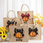 Personalised Pumpkin Bow Large Capacity Jute Canvas Tote Bag with Name Halloween Spooky Season Gift for Women