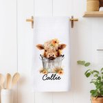 Personalised Cute Floral Highland Cow 100% Cotton Waffle Tea Towel with Name Kitchen Decor Birthday Gift for Highland Cow Lovers