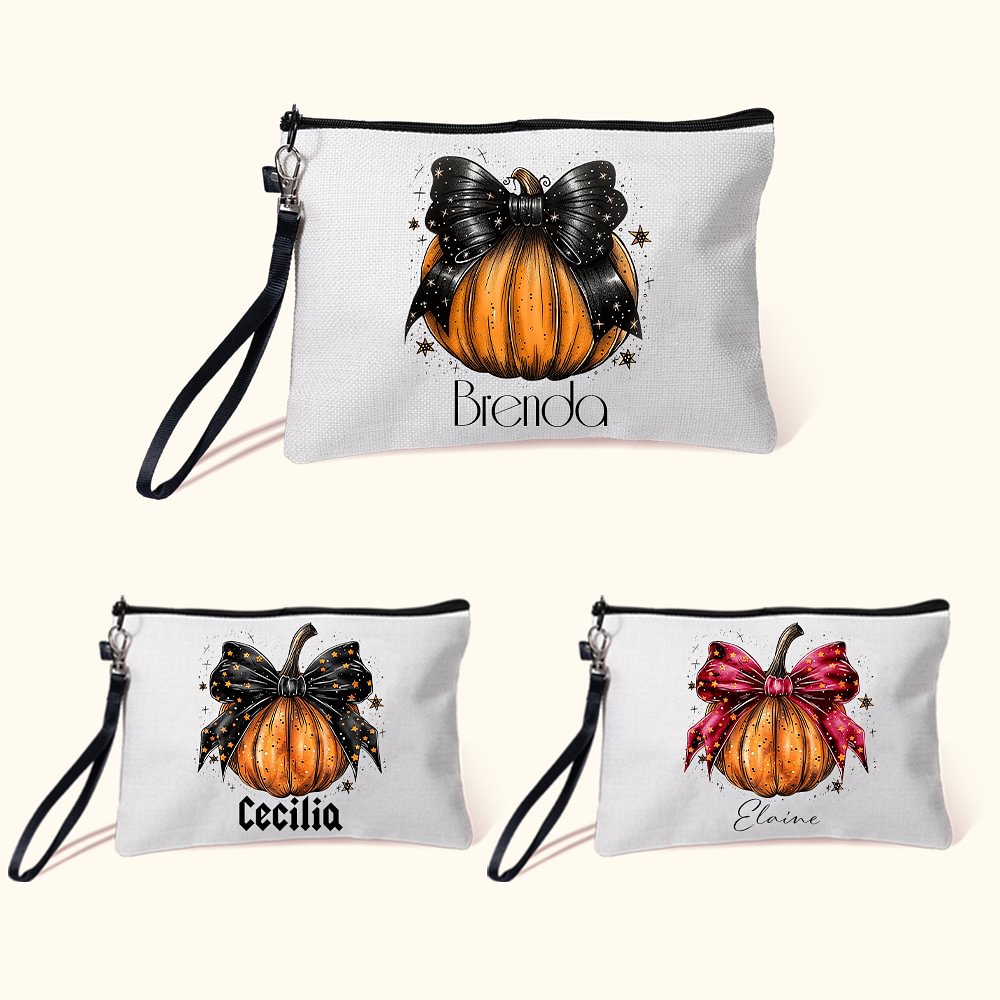 Trousse de maquillage personnalisée avec nœud en forme de citrouille et bracelet à votre nom Cadeau de voyage pour femmes pour Halloween