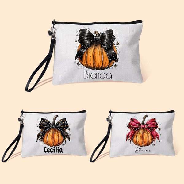 Trousse de maquillage personnalisée avec nœud en forme de citrouille et bracelet à votre nom Cadeau de voyage pour femmes pour Halloween