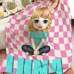 Gepersonaliseerd Multicolor Ruitjesbord Schattig Karakter Zacht Deken met Schaduwnaam Kerstmis Verjaardagscadeau voor Jongens Meisjes