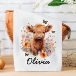 Personalised Cute Floral Highland Cow 100% Cotton Waffle Tea Towel with Name Kitchen Decor Birthday Gift for Highland Cow Lovers