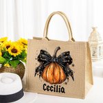Personalised Pumpkin Bow Large Capacity Jute Canvas Tote Bag with Name Halloween Spooky Season Gift for Women