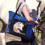 Personalised Watercolor Floral Horse Large Zippered Tote Bag with Name and Mesh Pocket Birthday Gift for Women Horse Lovers