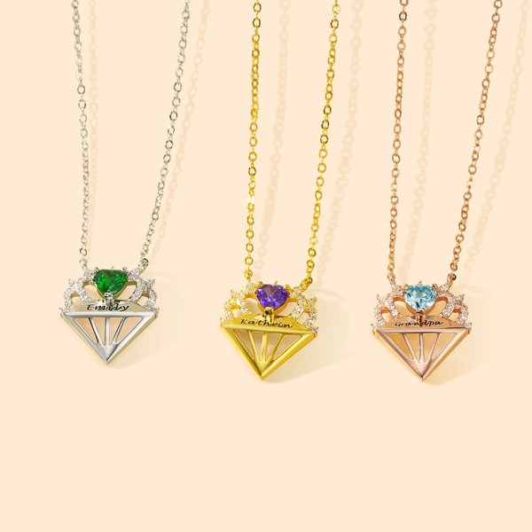 Personalisierte Diamantform Krone Anhänger Halskette mit Herz Geburtsstein und eingravierten Namen zierlichen Schmuck Jahrestag Geburtstag Geschenk fü