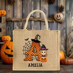 Sac en Jute Personnalisé avec Image de l'Enfant Lettre et Texte Cadeau Halloween pour Enfant Famille