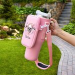 Personalized Pink Floral Skull Water Bottle Carrier Bag with Strap Tumbler Accessories for 40oz Stanley Halloween Gift for Women Girls Skull Lovers