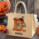 Sac en Jute Personnalisé avec Image de l'Enfant Lettre et Texte Cadeau Halloween pour Enfant Famille