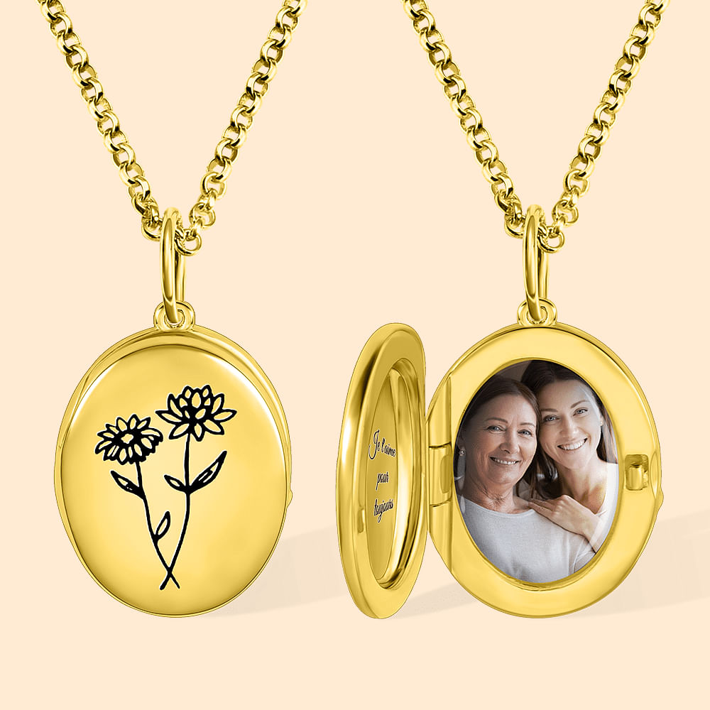 Collier avec Pendentif Photo Personnalisé avec Gravure Texte et 1-4 Fleurs de Naissance Cadeau Anniversaire Fête des Mères pour Femme