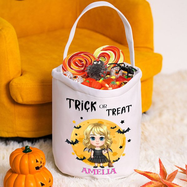 Cesta de caramelos de Halloween personalizada Murciélagos Vampiro con nombre Truco o trato Cubo Regalo de Halloween para niños
