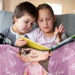 Personalized Cute Cartoon Elk Heart Soft Throw Blanket with Name Home Decor Birthday Christmas Gift for Girls Boys