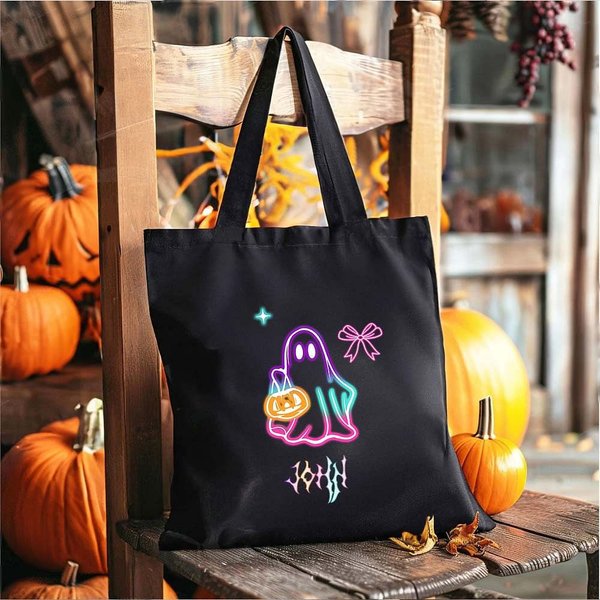 Fantasma de neón personalizado Bolsa de lona reutilizable con nombre Regalo de Halloween para un amigo de la familia