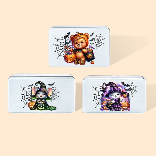 Henkilökohtainen Watercolor Pumpkin Animal Bat Food Grade Metal Candy Chocolate Tin nimi Halloween lahja lapsille