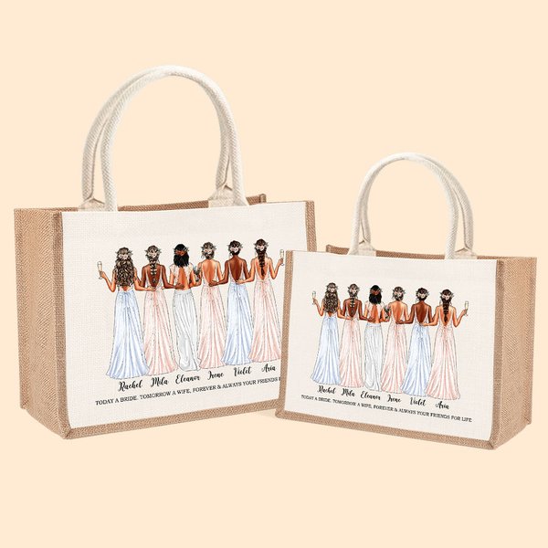 Personalized Bride Cheers with Bridesmaids Jute Canvas Tote Bag with Name and Blessing Quote Wedding Party Bridal Shower Gift for Bride