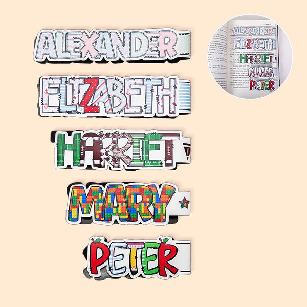 Personalised Set of 2 Doodle Art Name Magnetic Bookmarks Clips with Bubble Floral Letter Graduation Back to School Gift for Teacher Book Lover