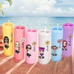 Personalised Multicolor Cartoon Character and Birth Flower 16oz Matte Tumbler with Name and Straw Birthday Wedding Party Gift for Women Girls