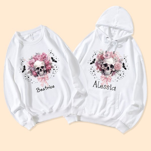 Felpa con cappuccio personalizzata Multicolore Pink Floral Skull con nome Regalo di Halloween per le donne