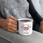 Taza esmaltada personalizada con nombre y calavera rosa murciélagos 11oz Regalo de Halloween para mujeres amantes de las calaveras