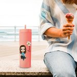 Personalised Multicolor Cartoon Character and Birth Flower 16oz Matte Tumbler with Name and Straw Birthday Wedding Party Gift for Women Girls