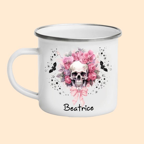 Tasse en émail rose personnalisée avec nom Cadeau d'Halloween pour les femmes aimant les têtes de mort