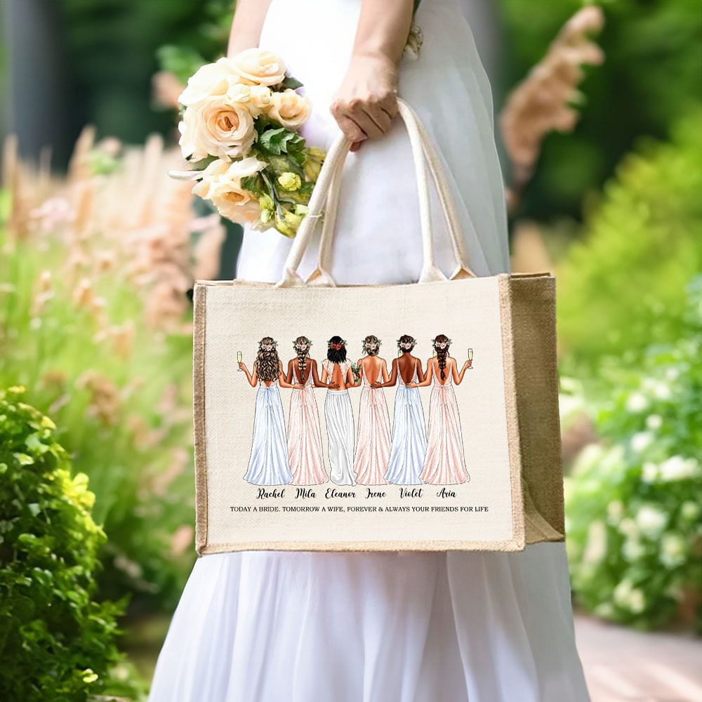 Personalized Bride Cheers with Bridesmaids Jute Canvas Tote Bag with ...