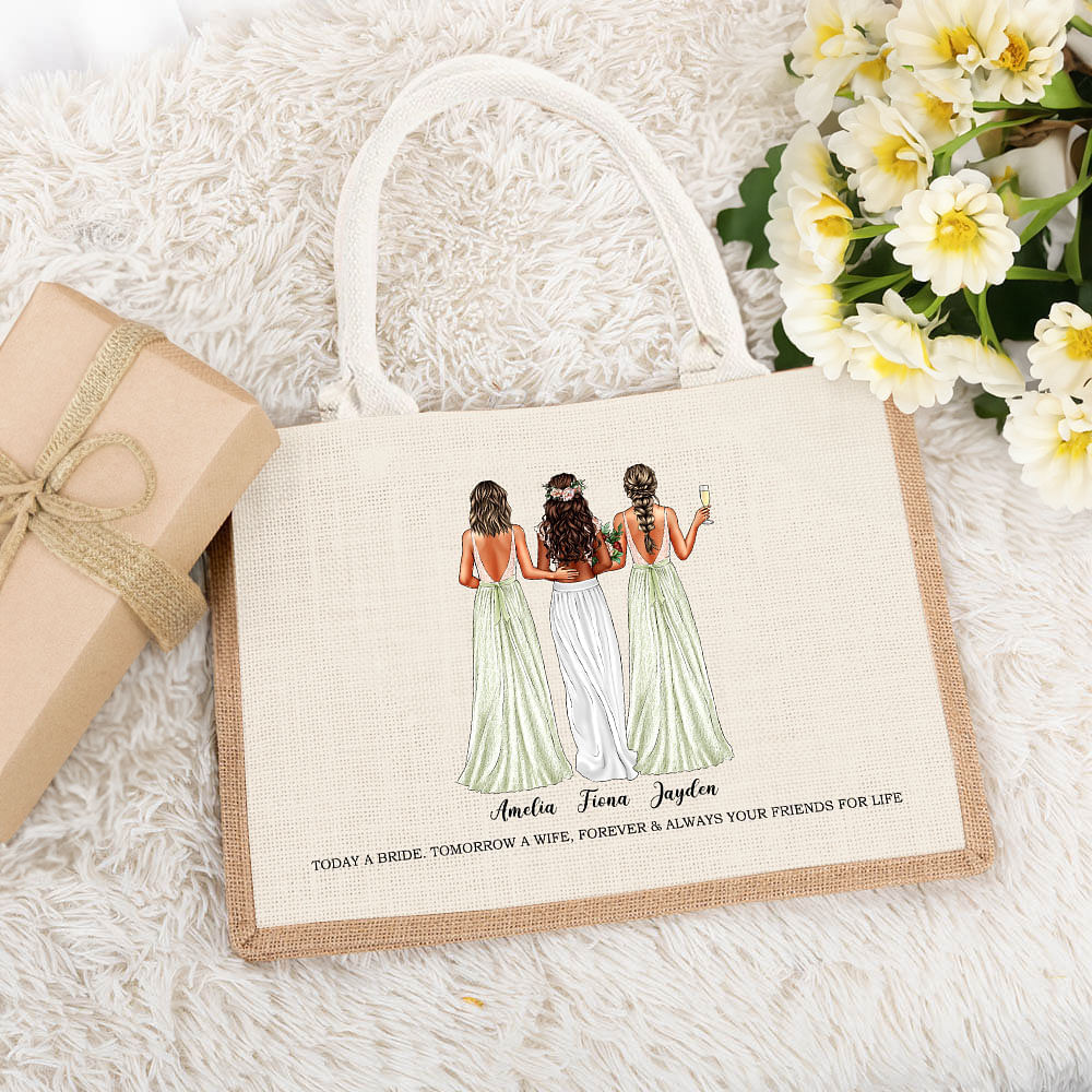 Personalized Bride Cheers with Bridesmaids Jute Canvas Tote Bag with ...