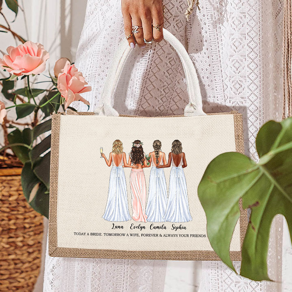 Personalized Bride Cheers with Bridesmaids Jute Canvas Tote Bag with ...