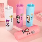 Personalised Multicolor Cartoon Character and Birth Flower 16oz Matte Tumbler with Name and Straw Birthday Wedding Party Gift for Women Girls