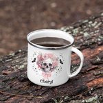 Taza esmaltada personalizada con nombre y calavera rosa murciélagos 11oz Regalo de Halloween para mujeres amantes de las calaveras