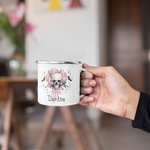 Taza esmaltada personalizada con nombre y calavera rosa murciélagos 11oz Regalo de Halloween para mujeres amantes de las calaveras