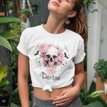 Personalized Multicolor Pink Floral Skull T-shirt with Name Halloween Gift for Women