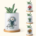 Personalized Birth Flower Ceramic Name Succulent Planter Pot with Drainage and Wooden Base Birthday Home Decor Gift for Family Friend