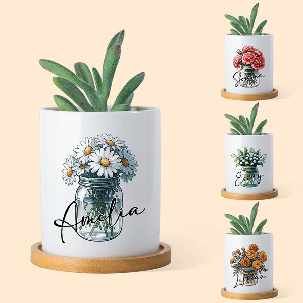 Personalized Birth Flower Ceramic Name Succulent Planter Pot with Drainage and Wooden Base Birthday Home Decor Gift for Family Friend